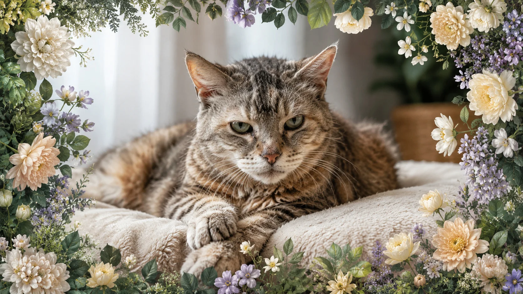 como saber se o gato idoso sente dor é um processo de empatia; observe atentamente as micro-expressões faciais e a hesitação de movimentos deste felino sênior descansando no chão de forma cautelosa.