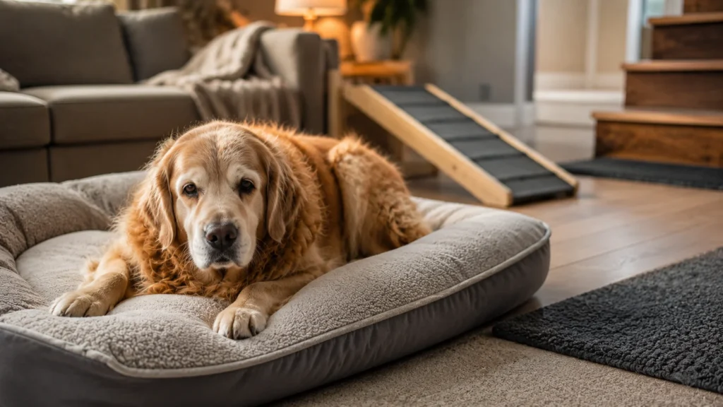 como adaptar a casa para cachorro idoso envolve a empatia do tutor em modificar os ambientes para evitar acidentes e dores articulares severas.