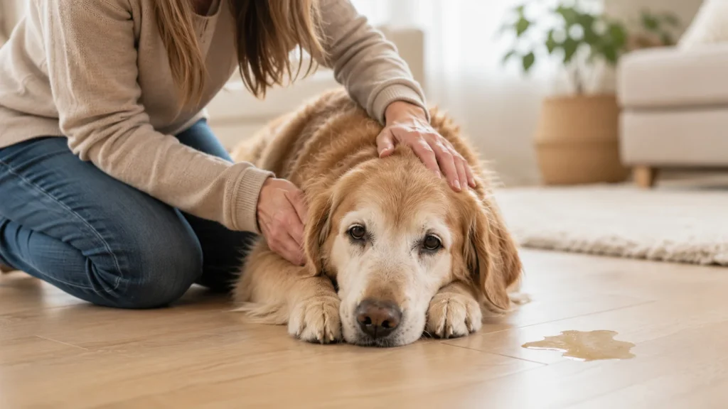 Lidar com amor e paciência ao encontrar um cachorro idoso fazendo xixi no lugar errado é o primeiro passo para um diagnóstico veterinário correto e compassivo.