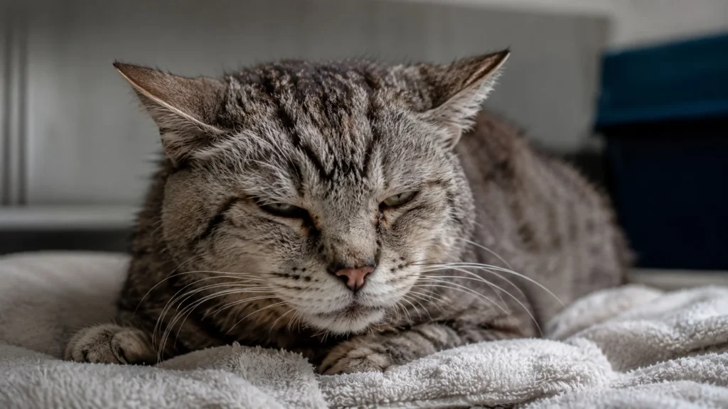 Observar a tensão nos bigodes, os olhos semicerrados e as orelhas achatadas é essencial na jornada de compreender como saber se o gato idoso sente dor crônica.