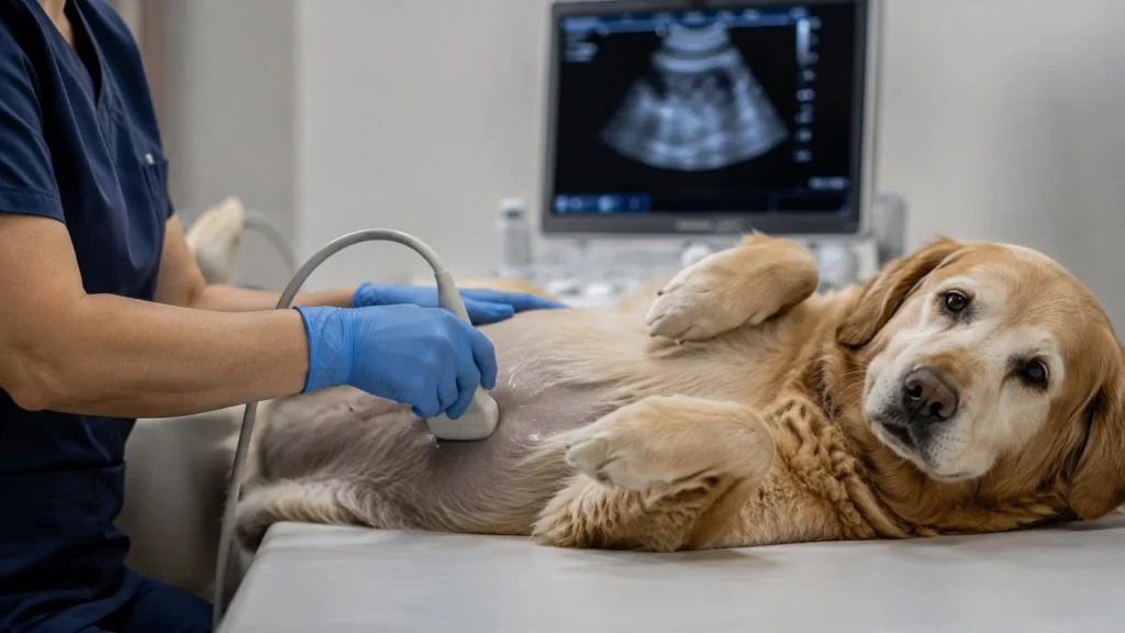 Realizar exames de ultrassom é vital para diagnosticar falhas renais que levam um cachorro idoso fazendo xixi no lugar errado devido ao aumento do volume de líquido.
