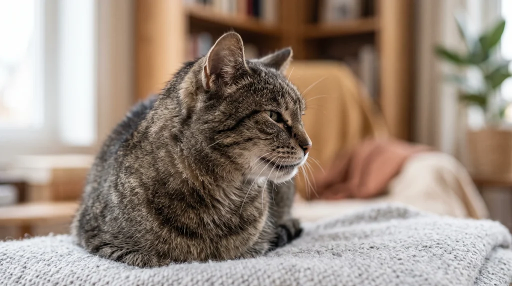Gato idoso com expressão tensa devido a possíveis dores dentárias