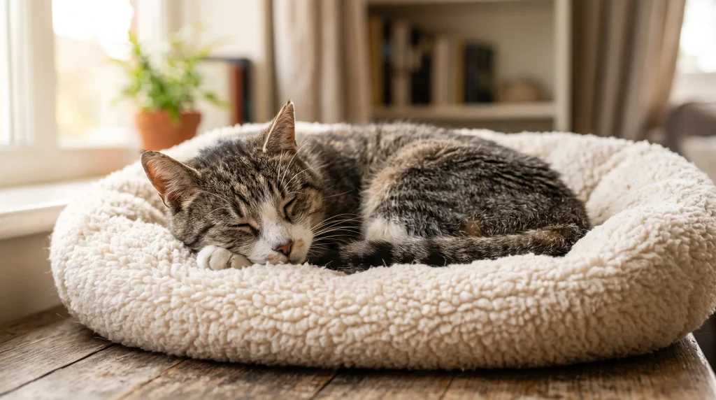 Gato idoso dormindo em uma cama macia e isolada