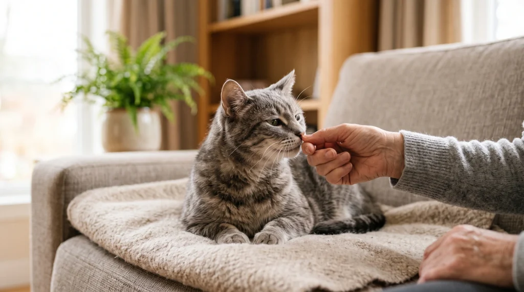 Tutor oferecendo a mão para o gato idoso cheirar antes de tocar