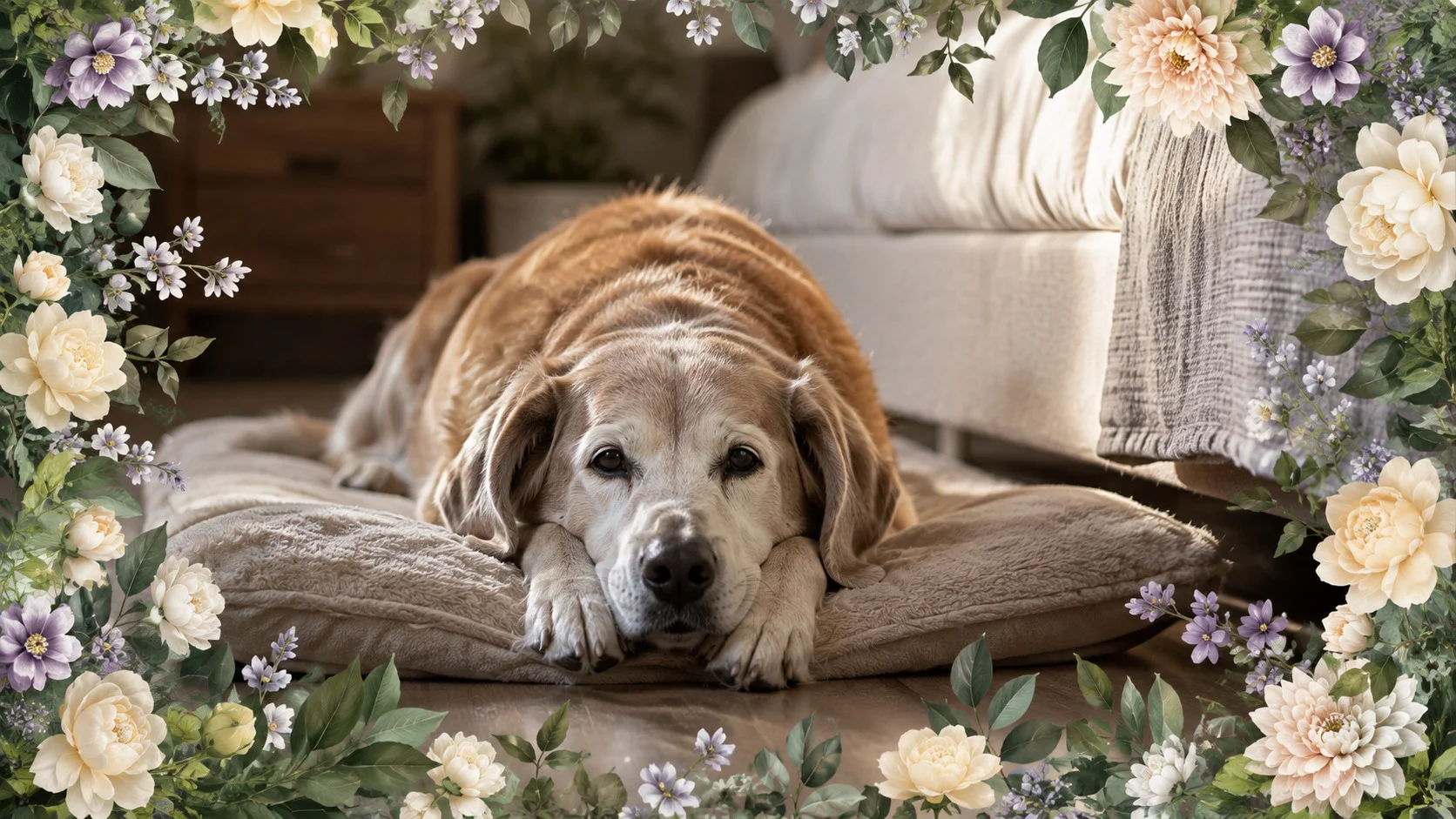 melhor cama para cachorro idoso repousando tranquilamente em um ambiente pacífico, evidenciando como a escolha da superfície ortopédica ideal bloqueia a dor nas articulações e devolve a qualidade de vida.