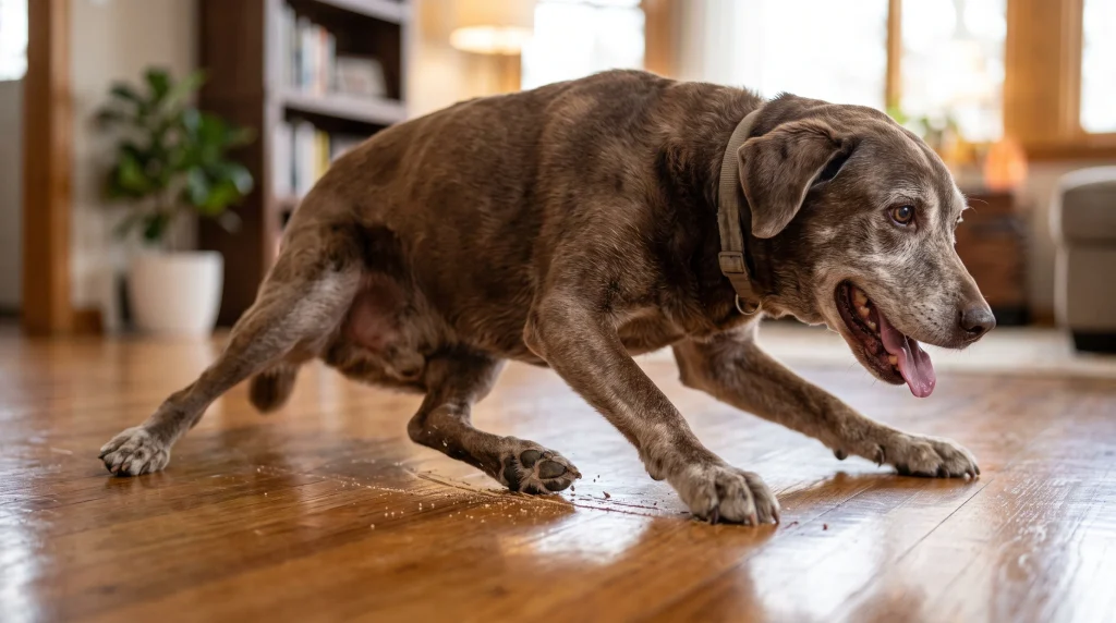 Patas de cachorro idoso escorregando em piso de porcelanato brilhante