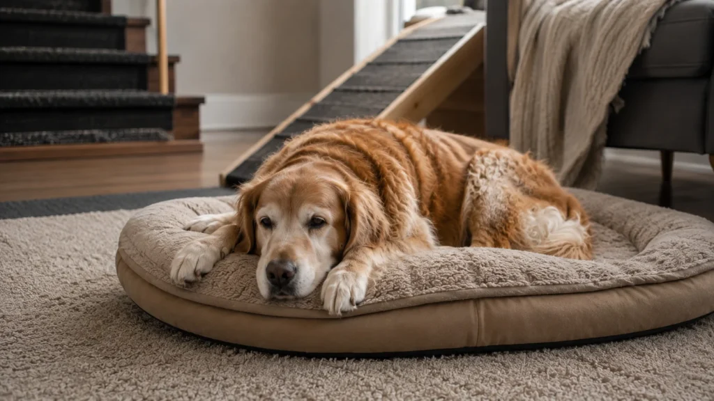 como adaptar a casa para cachorro idoso exige a compreensão de que a atrofia muscular remove a proteção natural dos ossos do animal contra os impactos no solo.