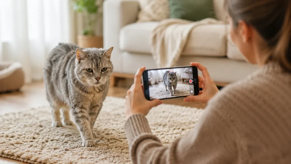 Registrar o animal em vídeo no seu ambiente seguro é a tática fundamental de como saber se o gato idoso sente dor para levar provas conclusivas ao médico veterinário.