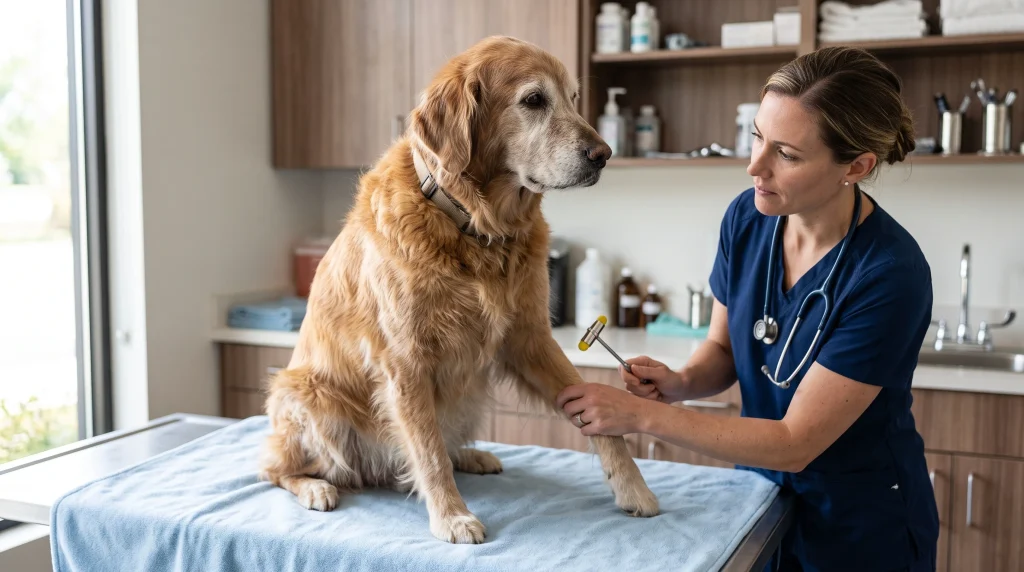 Veterinário checando os reflexos neurológicos de um cão sênior