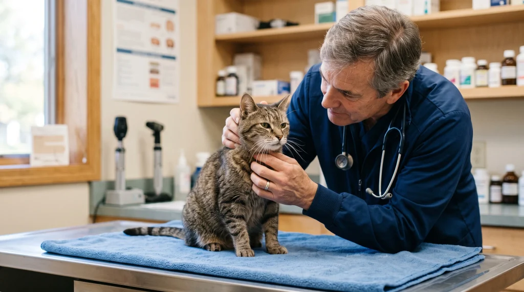 Veterinário realizando check-up em felino geriátrico