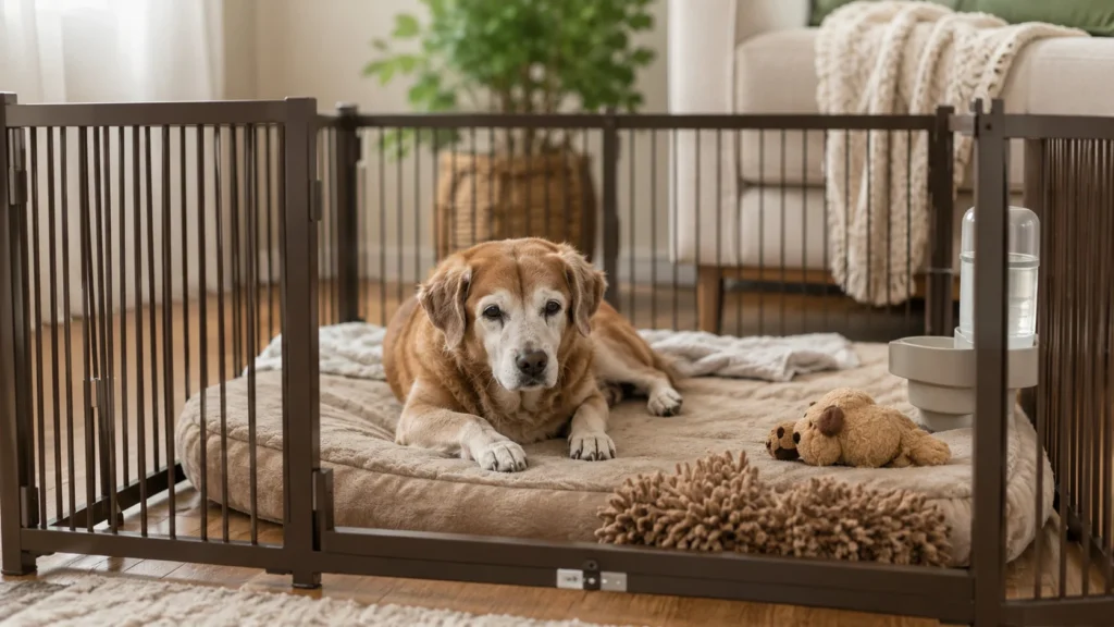 Criar pequenos refúgios contidos e seguros no ambiente é uma excelente tática de como adaptar a casa para cachorro idoso que sofre de Alzheimer canino.