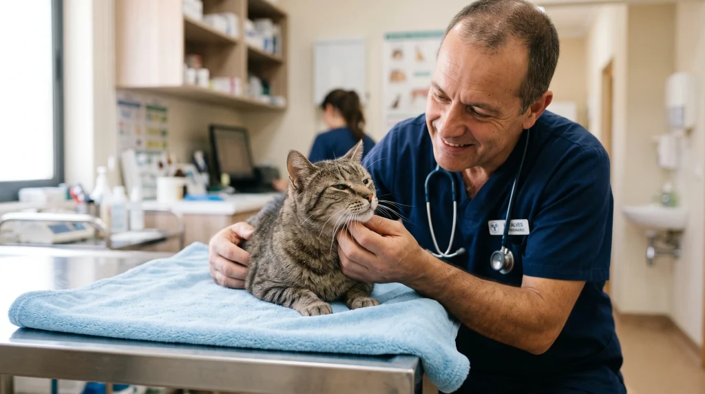 Gato idoso recebendo carinho do veterinário durante uma consulta de rotina.