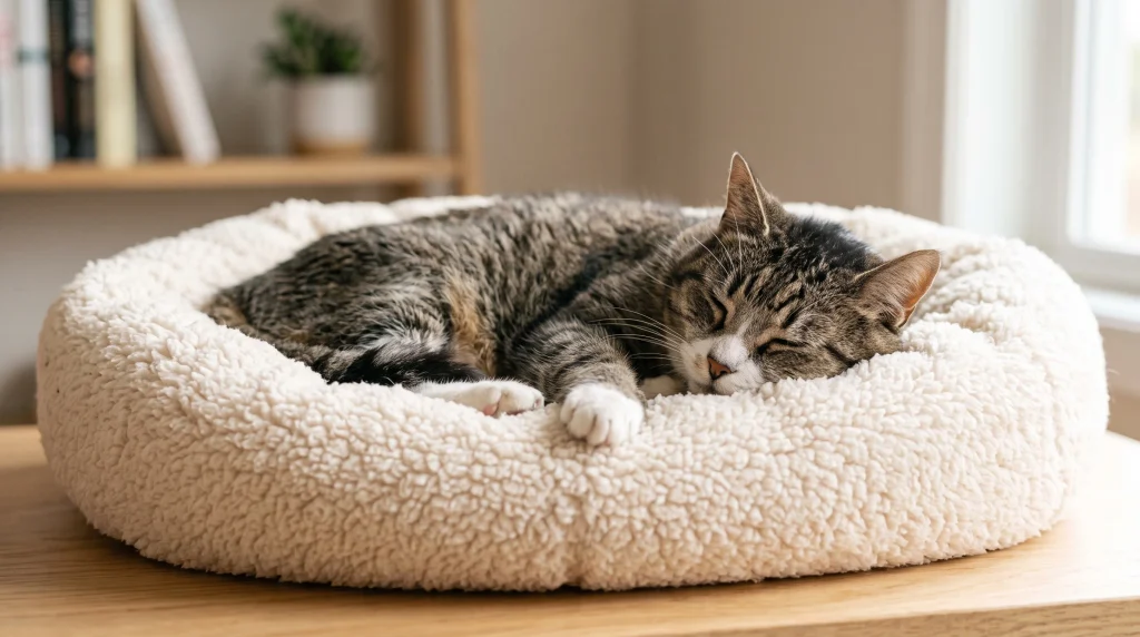 Gato idoso descansando profundamente em uma cama macia, evidenciando letargia