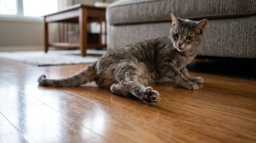 Foco na pata de um gato idoso escorregando em um piso laminado brilhante da sala