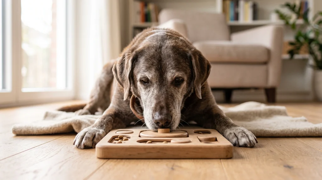 Cachorro sênior focado em resolver um quebra-cabeça de madeira com petiscos