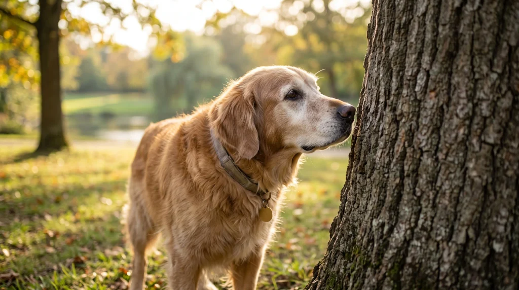 Cachorro velhinho usando muito o focinho para farejar a grama