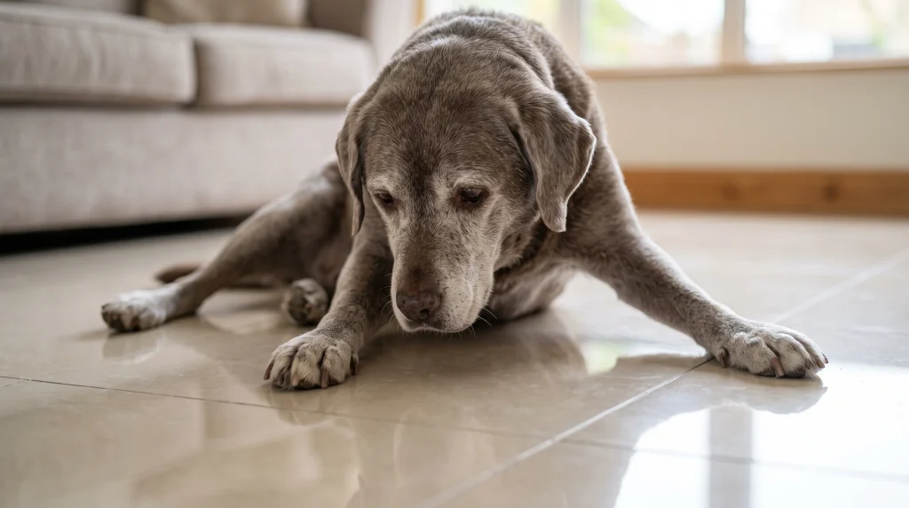 Visão aproximada de um cachorro idoso escorregando suas patas traseiras no porcelanato brilhante da sala.