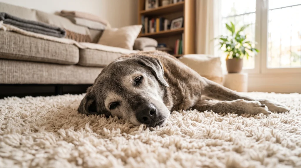 O rosto relaxado e tranquilo de um cachorro idoso descansando sobre um grande tapete felpudo na área de convivência.