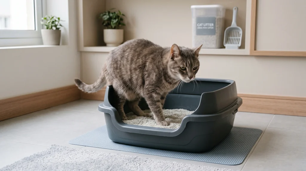 rotina de conforto para gatos idosos inclui caixas de areia com entrada rebaixada para facilitar o acesso.