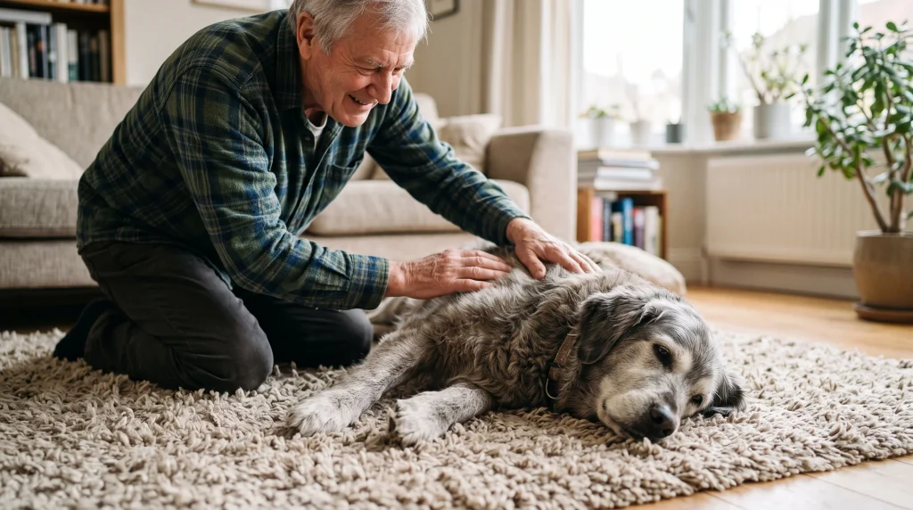 Tutor fazendo massagem nas costas de um cachorro sênior deitado sobre um tapete felpudo no centro da sala.