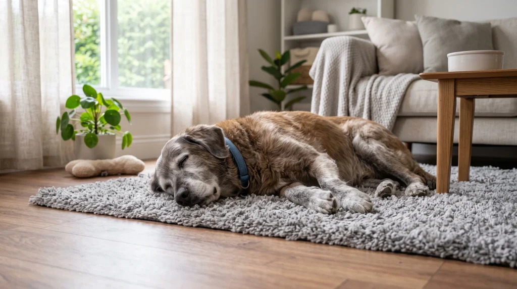 Uma casa segura para cachorro idoso com um cão sênior descansando tranquilamente sobre um tapete felpudo e emborrachado na sala de estar.