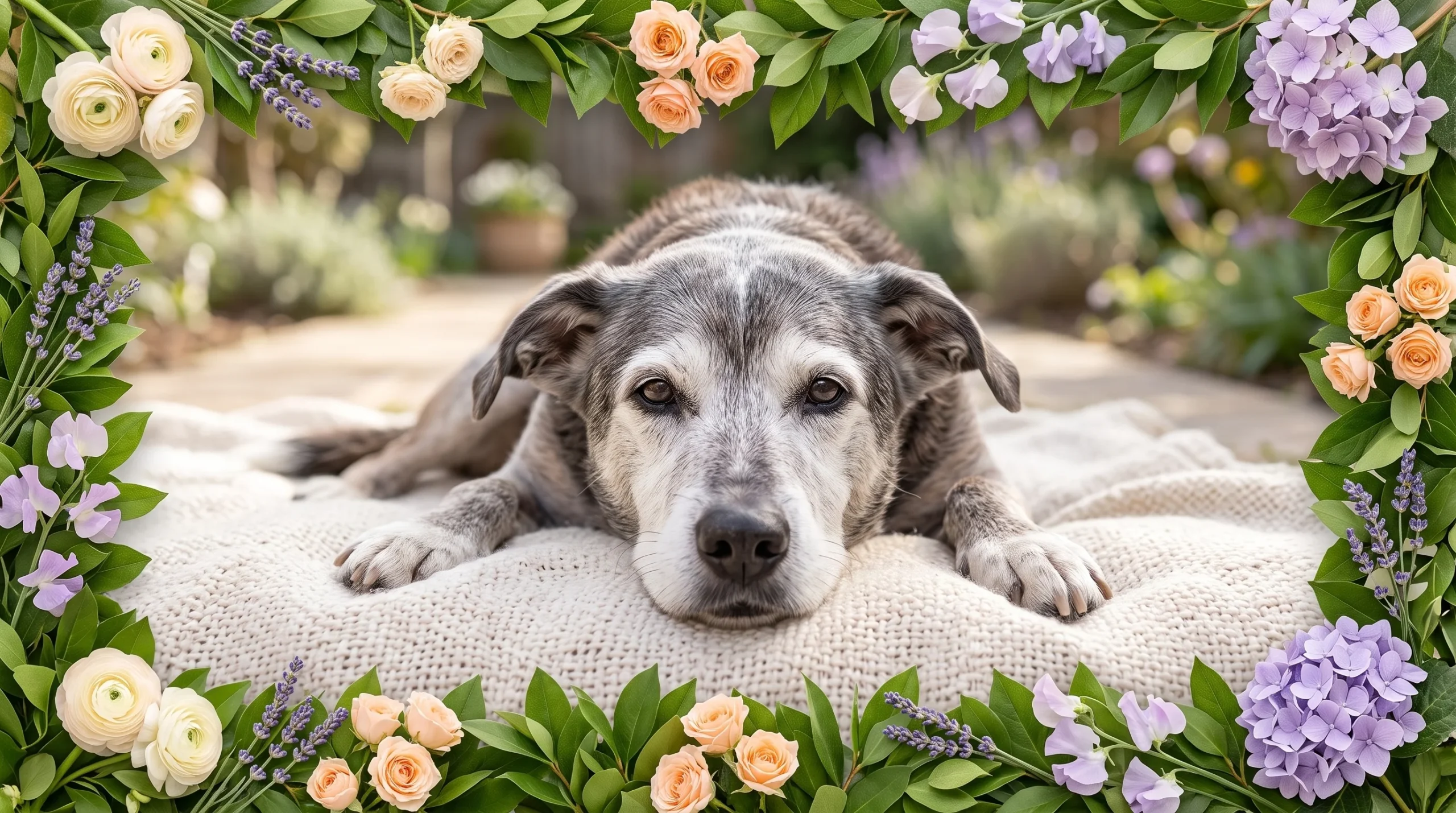 casa segura para cachorro idoso ilustrada com um ambiente calmo, protegido e um cão velhinho de olhar doce descansando no meio do quarto