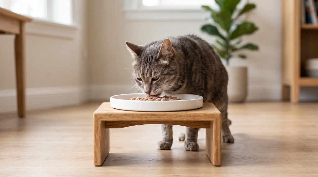  Gato comendo em uma tigela larga de porcelana, elevada por um suporte de madeira ergonômico.