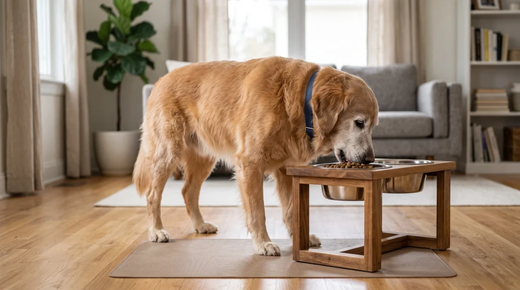 Cachorro sênior alimentando-se em pé, com postura reta, usando um suporte de comedouro elevado.