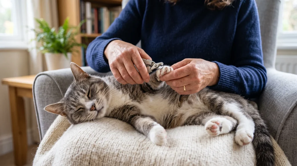 Tutor cortando cuidadosamente as pontinhas das unhas de um gato deitado relaxadamente no colo.