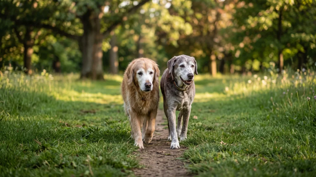 Dois cachorros sêniores caminhando calmamente juntos em um parque.