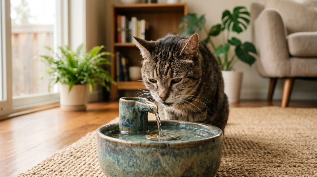 As fontes de água corrente são excelentes aliadas para incentivar a hidratação natural e contínua do felino sênior
