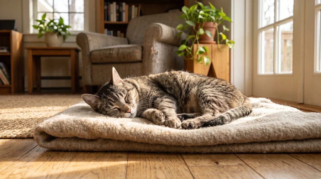 rotina de conforto para gatos idosos começando com um espaço quente para o descanso.