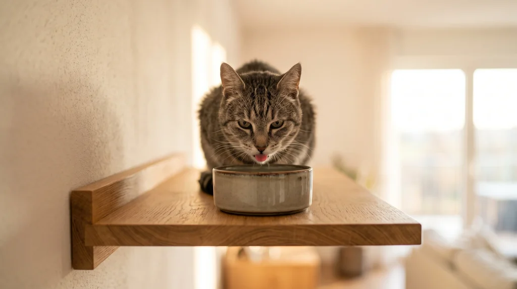 Gato sênior relaxando em uma prateleira confortável no alto, longe do alcance de um cachorro