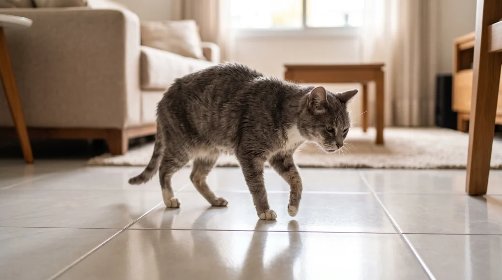 Gato sênior caminhando com postura rígida sobre o porcelanato da casa