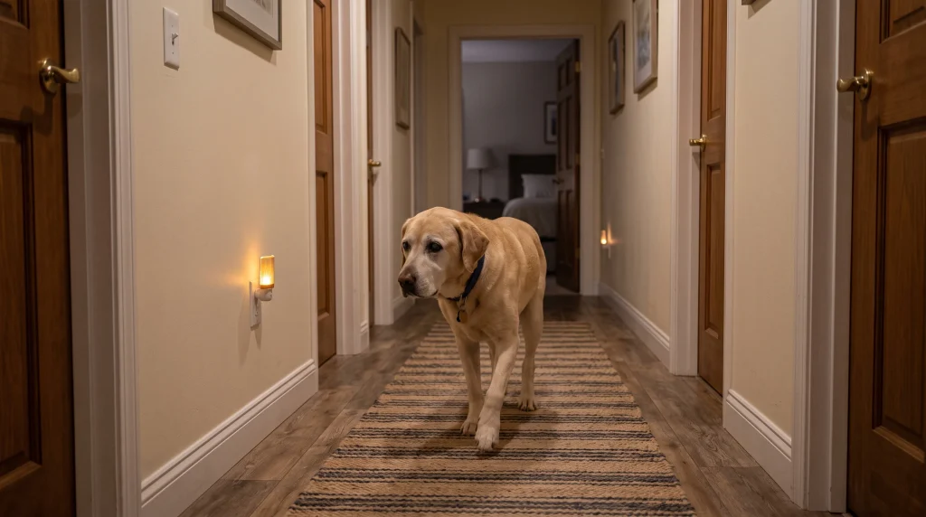 Corredor de uma casa segura para cachorro idoso iluminado por uma luz de tomada suave durante a noite.