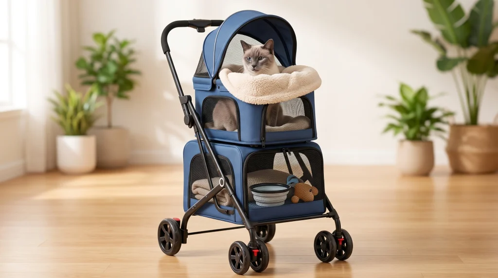 Um gato siamês idoso acomodado confortavelmente dentro de um carrinho de passeio de dois andares de cor azul, posicionado em uma sala de estar com piso de madeira e plantas ao fundo.