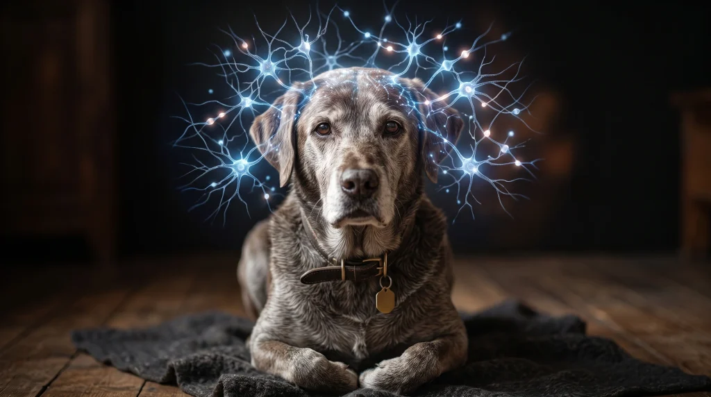 Ilustração humanizada do cérebro de um cão mostrando conexões brilhantes