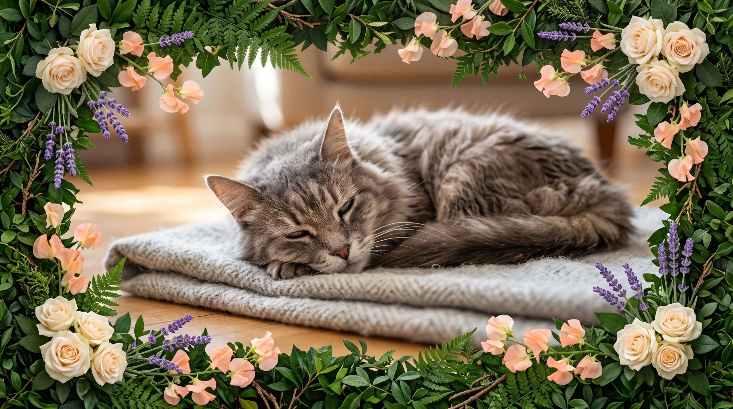 rotina de conforto para gatos idosos focada em um ambiente sereno e acolhedor com um felino velhinho no centro.