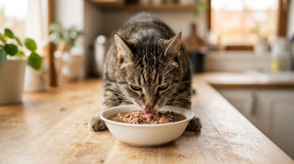 Sachê de carne para gatos servido misturado com água morna formando um caldo