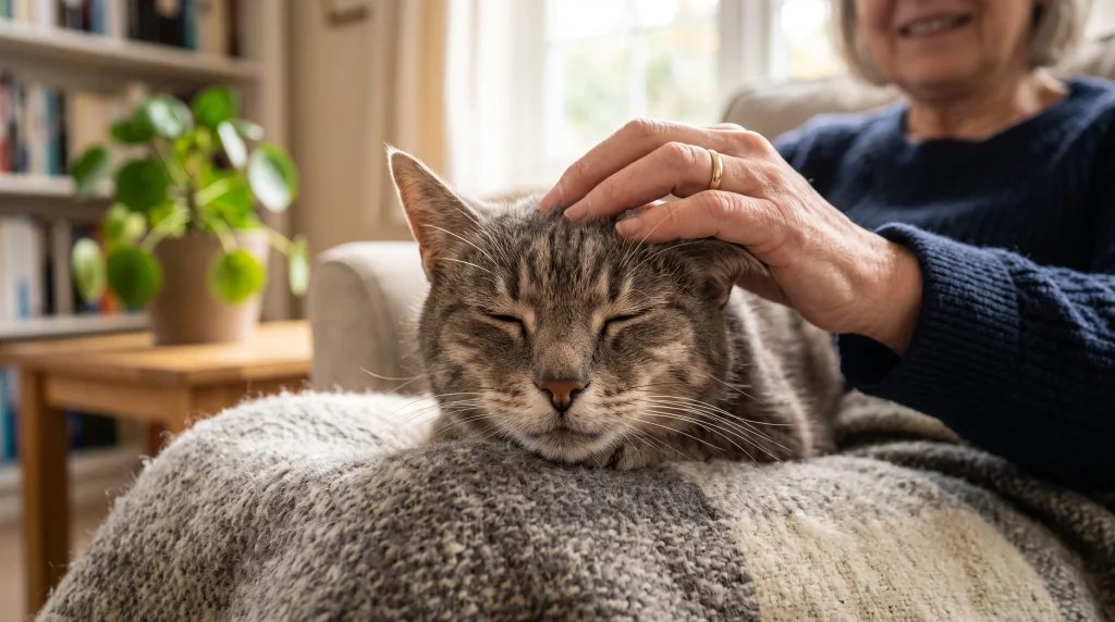 A face tranquila de um gato idoso escorregando não é mais um problema, enquanto recebe carinho na cabeça do tutor.
