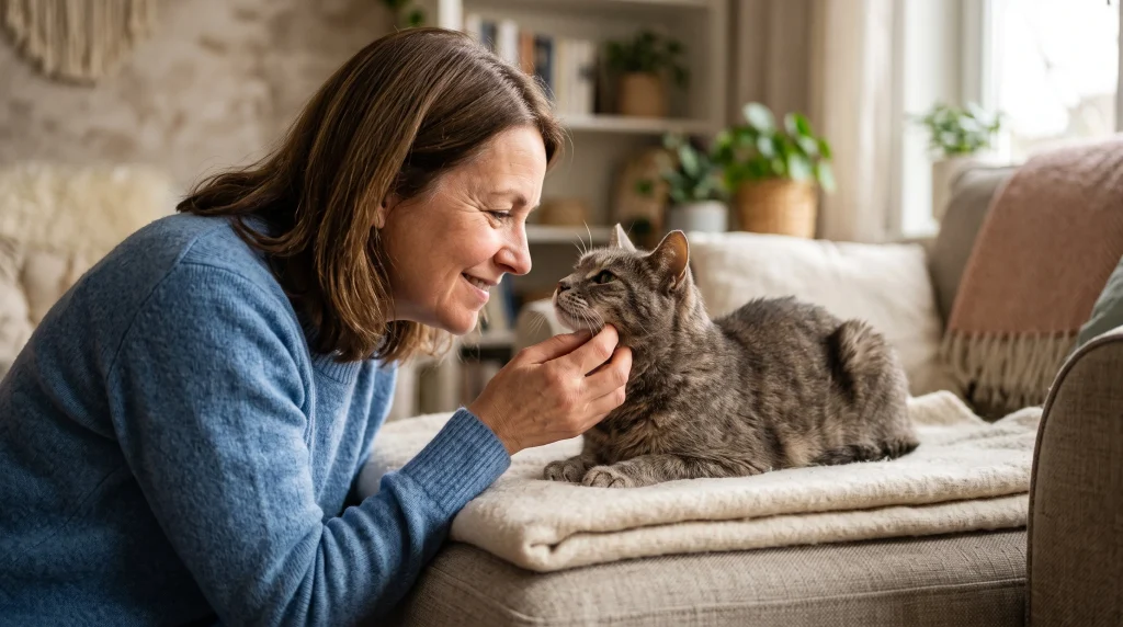 Mulher acariciando e olhando nos olhos de um gato velhinho de forma amorosa e empática.