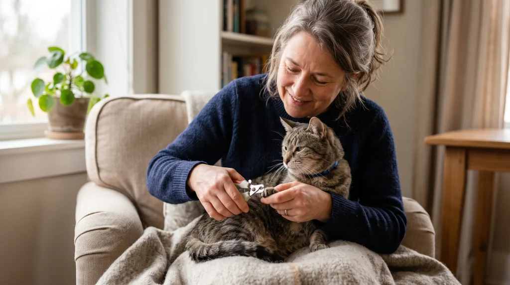 Tutor com expressão de carinho aparando delicadamente a ponta da unha do seu gato sênior