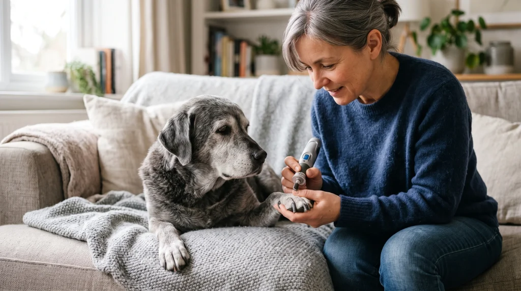 Tutor cuidadoso utilizando uma lixa elétrica para aparar as unhas do seu cão sênior sem causar dor.