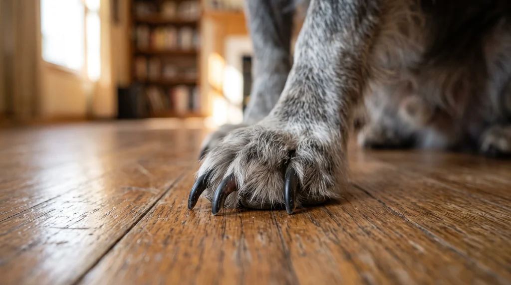 Foco na pata de um cachorro idoso com unhas longas tocando o piso de madeira da casa.