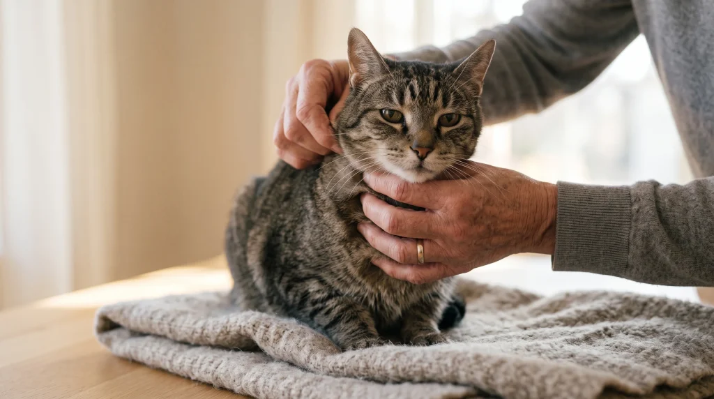Tutor levantando suavemente a pele da nuca de um gato idoso para testar hidratação