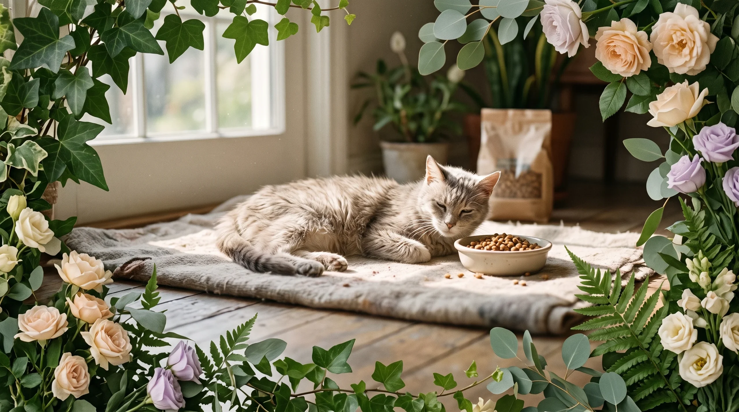 ração biofresh para gato idoso é boa sendo analisada por um felino sênior descansando ao lado de uma tigela de alimento seco premium.